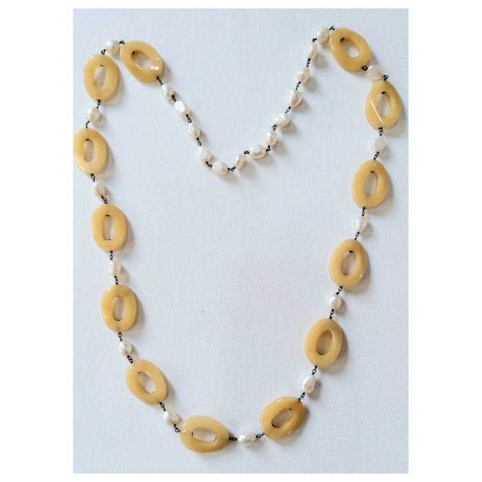 Yellow Jade Oval Shaped Beads with White Pearls in Silver Wire