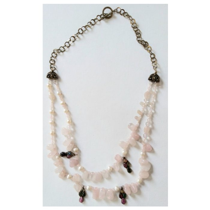 Rose Quartz Beads, Pearls and Tourmaline Charms with Silver Chain and Clasp